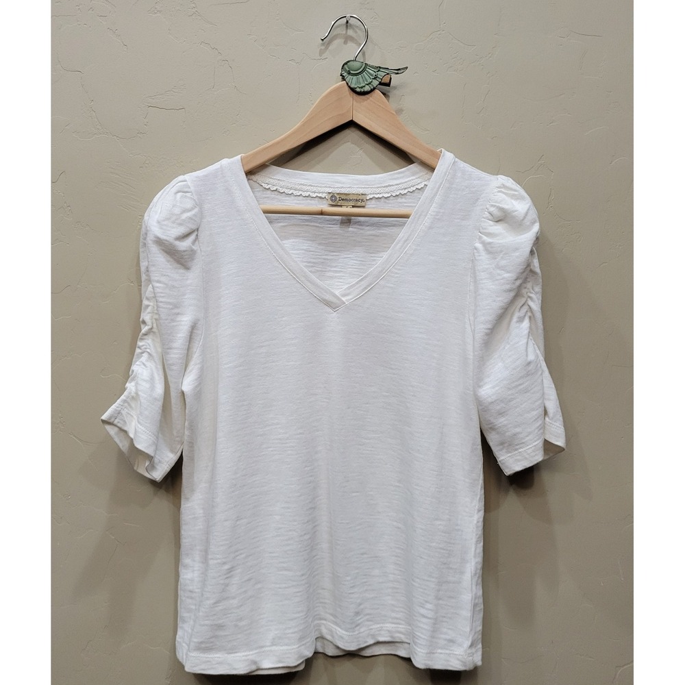 Democracy Womens Cream color Slub Cotton Puff Sleeve V-Neck Top Size S